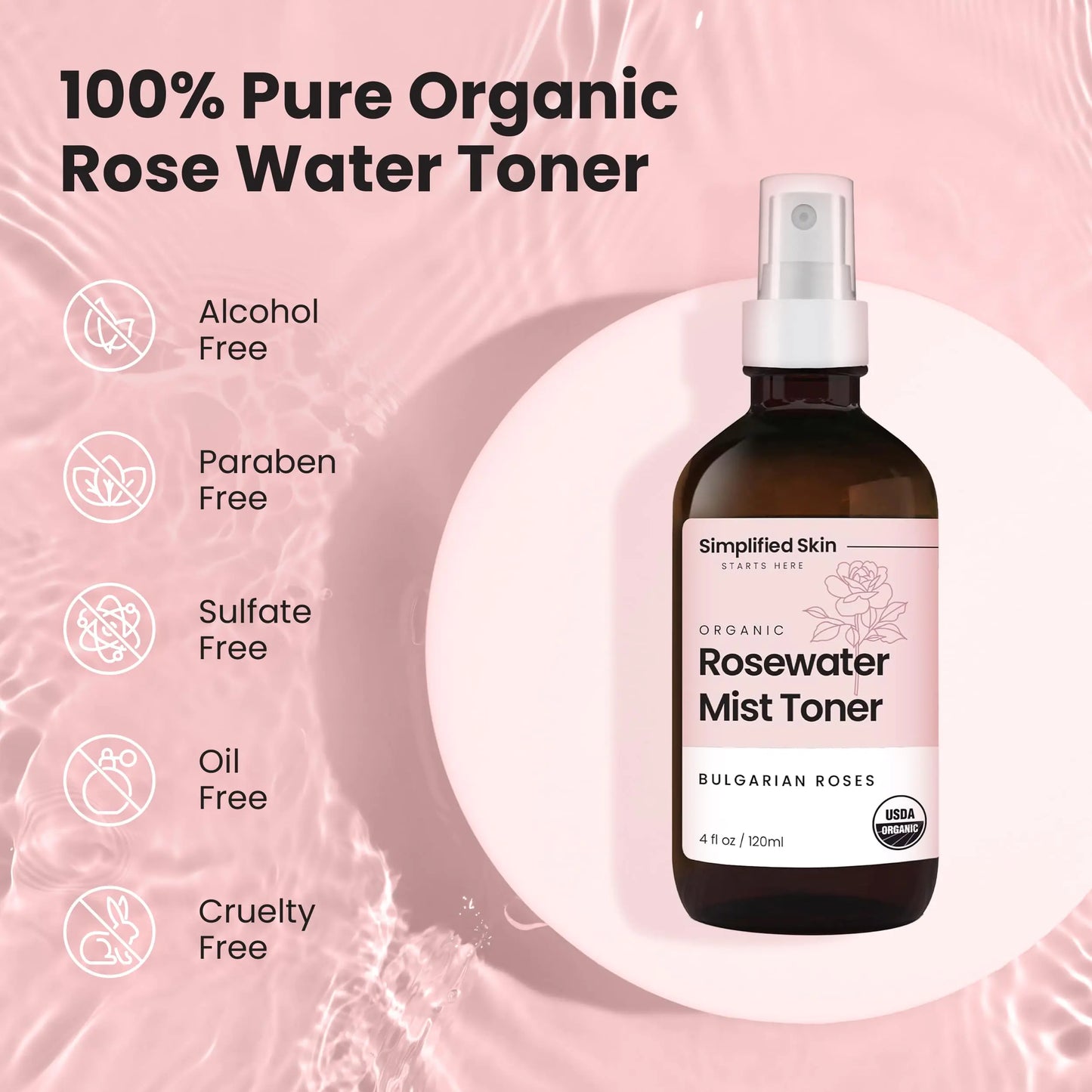 Rose Water Spray for Face & Organic Rose Water for Hair - USDA Certified Rosewater Facial Toner - Alcohol-Free Makeup Setting Hydrating Face Mist - Anti-Aging Bulgarian Rose Water Toner Spray - 4 Oz