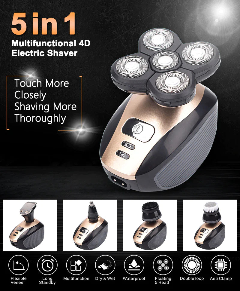 5-in-1 Rotary Electric Shaver 4D Rechargeable Bald Head Hair Beard Trimmer Razor