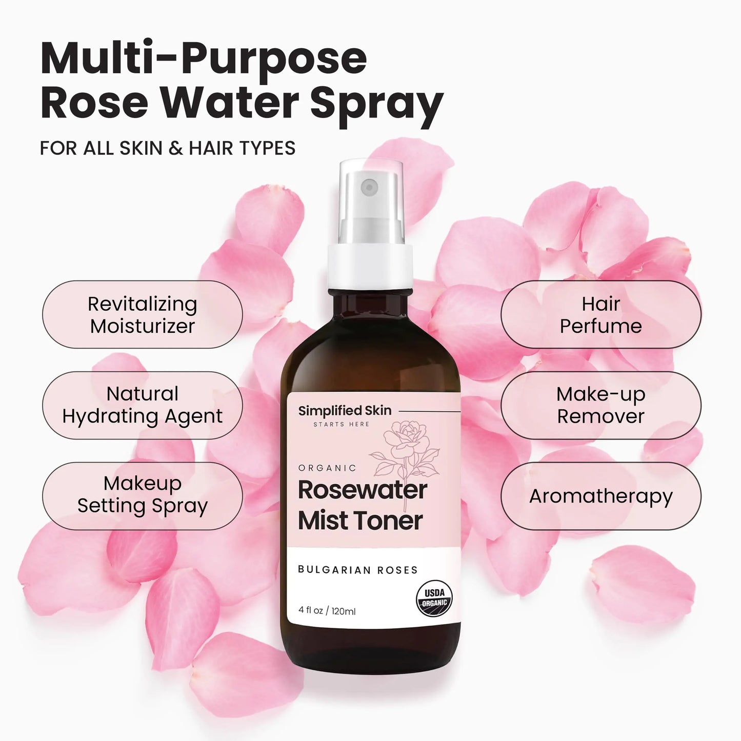 Rose Water Spray for Face & Organic Rose Water for Hair - USDA Certified Rosewater Facial Toner - Alcohol-Free Makeup Setting Hydrating Face Mist - Anti-Aging Bulgarian Rose Water Toner Spray - 4 Oz